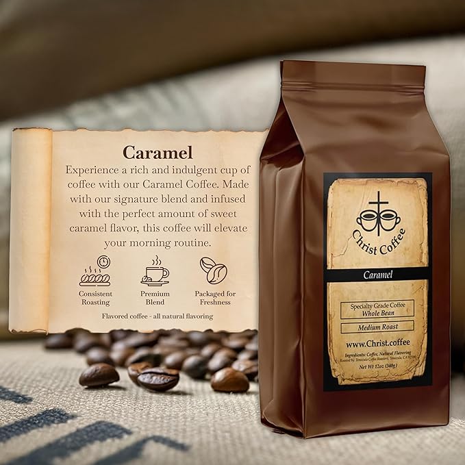 Christ Coffee Caramel Ground Bean | Smooth and Creamy Flavor Perfect for Daily Brew | Freshly Roasted Rich Aroma 16 oz Bag