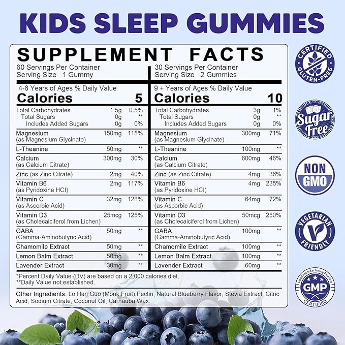Kids Sleep Gummies Melatonin Free - with Magnesium Glycinate Lemon Balm L-Theanine &amp GABA - Calming Relaxation Support Natural Sleep Quiet Mind - Berry Flavor Non-Habit Forming 120 Count