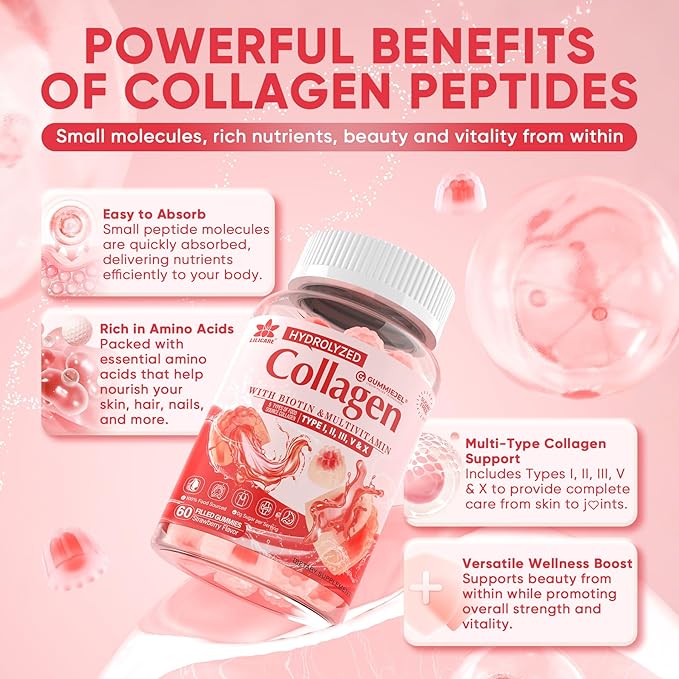 Collagen Peptide Gummies for Women &amp Men Sugar-Free Multi Collagen Hydrolyzed w/ 1500mg Protein Type IIIIIIVX 5000mcg Biotin Methylated B12 Vitamin C A E D3 B6 for Skin Hair Nails Bone 6