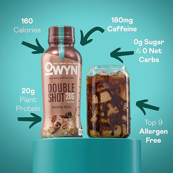 OWYN Only What You Need Double Shot Mocha Latte Vanilla Latte and Caramel Macchiato Flavored Protein Shake 20g Protein 0g Sugar 3g Fiber 180mg Caffeine Dairy Free Plant Based Protein 12 CT