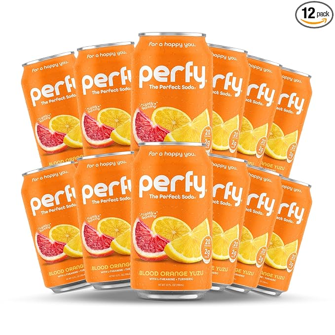 PERFY Healthy Soda for Brain &amp Mood – Nootropics w/L-Theanine &amp Turmeric + Real Fruit Juice – Caffeine-Free Low Cal Low Sugar Keto Gluten-Free (12-pack Blood Orange Yuzu)