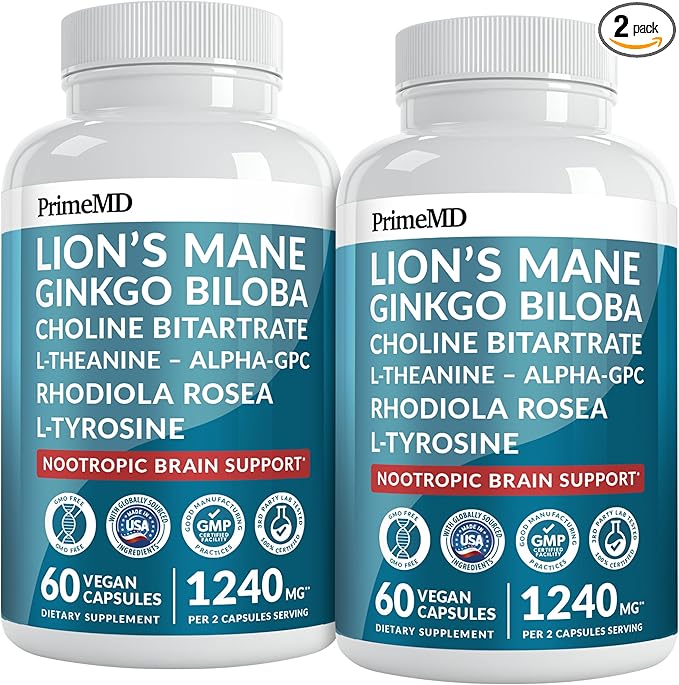 14-in-1 Lions Mane Supplement Capsules - Nootropic Brain Supplement with Ginkgo Biloba for Brain Support Memory and Focus - Alpha GPC L Theanine and Choline Supplements with 1300mg Per Serving - 2pk