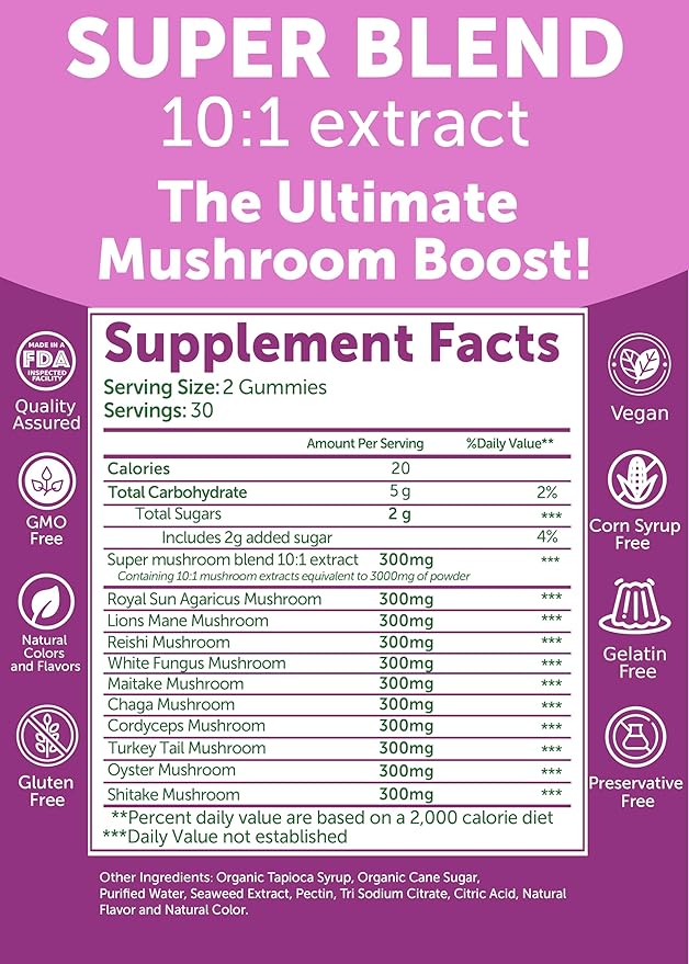 Lunakai USA Made Super Mushroom Gummies for Adults – 10-in-1 Adaptogenic Mushroom Supplement with Lion’s Mane – Daily Focus &amp Brain Support 60ct