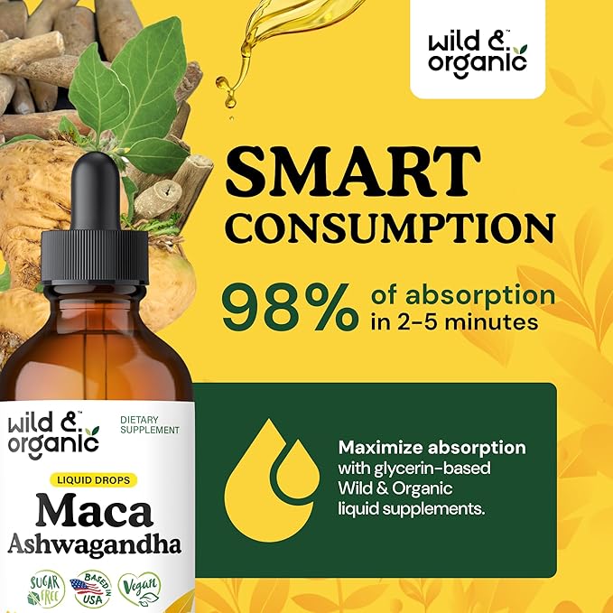 Wild &amp Organic Maca Root Ashwagandha Drops for Men and Women - Liquid Maca Ashwagandha Supplement for Overall Support - Peruvian Extract Tincture - Vegan Sugar &amp Alcohol-Free - 4 fl oz