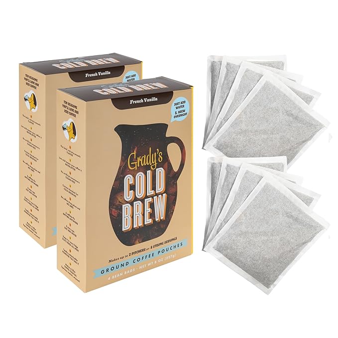 GRADY’S COLD BREW French Vanilla 100% Arabica Ground Coffee &amp Chicory Pouches TWO Bundles of 4 Easy-to-Brew Bean Bags Makes 24 drinks