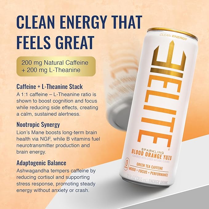 ELITE Energy – Healthy Energy Drinks – Clean Green Tea Caffeine with L-Theanine – Zero Sugar 10 Calories Naturally Sweetened Functional Energy for Focus &amp Performance – 12 Pack – Blood Orange Yu
