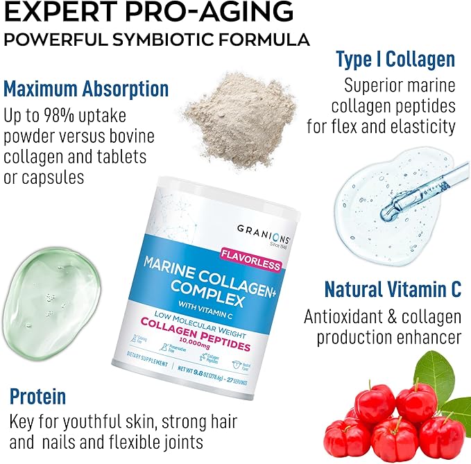 Marine Collagen Powder Unflavored - 10g Type I Hydrolyzed Collagen Peptides with Natural Acerola Vitamin C Antioxidant - Hair Skin Nails Vitamins for Women &amp Men- Pro-Aging Beauty Supplement - 9