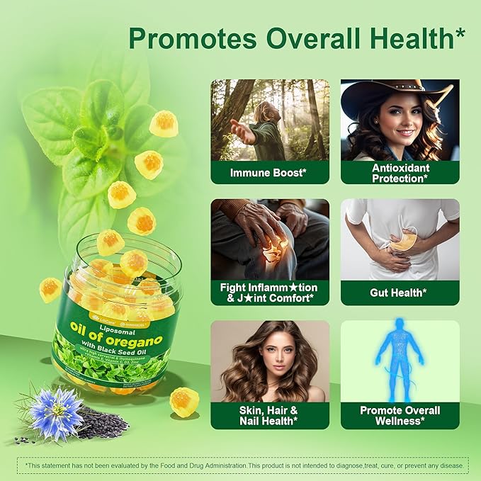 Oil of Oregano with Black Seed Oil Filled Gummies Aceite De Oregano Capsulas Alternative Carvacrol &amp Thymoquinone with Vitamin E C D3 Zinc Liposomal Form Sugar Free 2 Pack