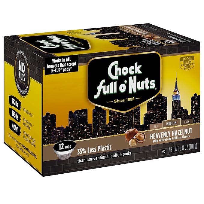 Chock Full o’Nuts Heavenly Hazelnut Roast Medium Roast K-Cups Flavored to Perfection with a Great Hazelnut Taste - Compatible with Keurig Pods K-Cup Brewers (1 Pack of 12 Single-Serve Cups)