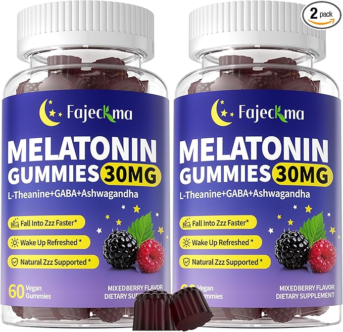 30mg Melatonin Gummies Supplement: Extra Strength Plus Magnesium Ashwagandha L-Theanine Chamomile Valerian GABA Vitamins B6 B12 D3 for Natural Zzz - Sugar Free for Nighttime Adults(120Count)