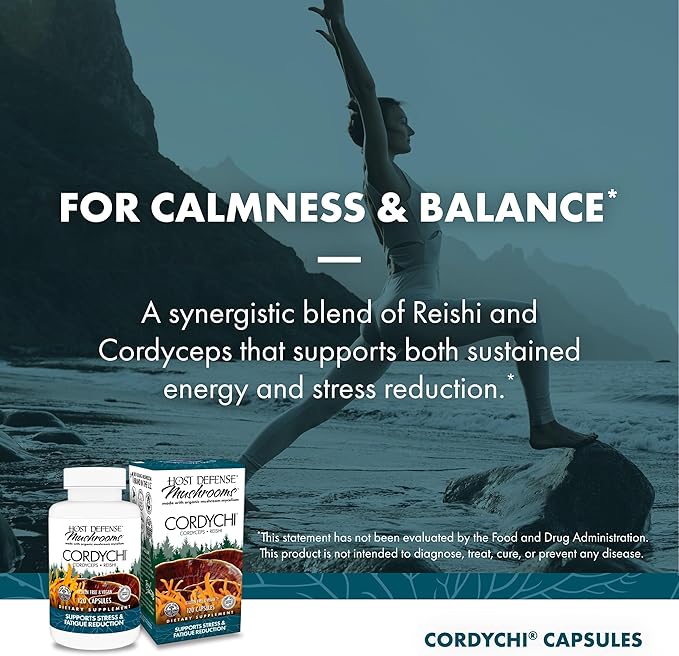 Host Defense CordyChi Capsules - Energy &amp Immune Support Supplement - Cordyceps &amp Reishi Mushroom Supplement for Relaxation &amp Respiratory Support - Aids Against Tiredness - 120 Capsules