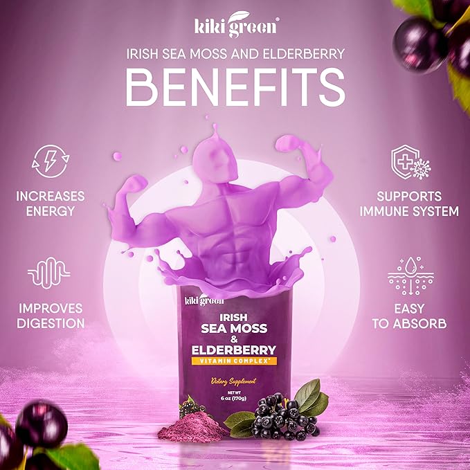 KIKI Green Sea Moss Powder with Elderberry - Vegan Superfood Multivitamin Blend - for Immune Boost and Support - Add to Smoothies Juice 6 oz