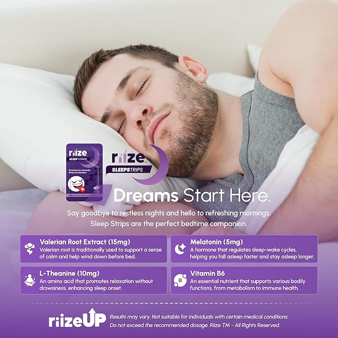 Riize Sleep Strips Fast Acting Dissolvable Oral Supplement with 5mg Melatonin Valerian Root L-Theanine Vitamin B6 Natural Flavors Vegan (30 Count)