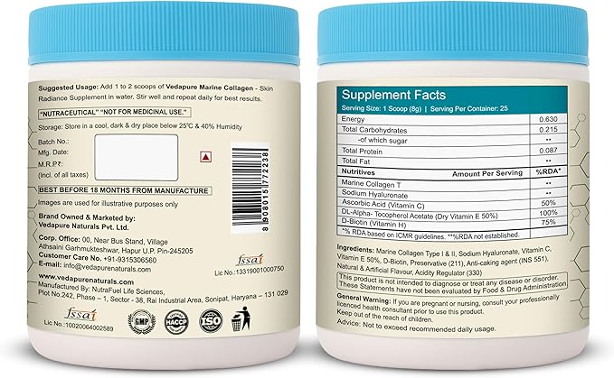 Vedapure Marine Collagen Peptides Powder 7.05 oz| Type I Colageno Marino + Vital Protein | Fish Source | Unflavored | Supports Hair Skin &amp Joint Health | Pescatarian Non-GMO