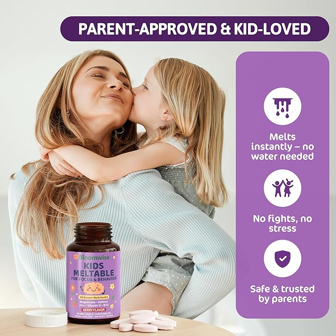 Bloomwise Kids Supplements for Focus &amp Calm 14-in-1 Brain Behavior Mood &amp Attention Support | Magnesium Saffron Zinc Vitamin D &amp B12 | Sugar-Free Vegan Berry Meltables 60 chewable Ta