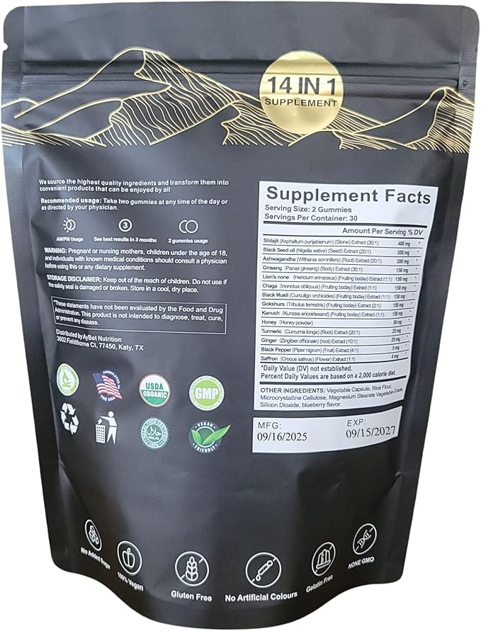 Organic Himalayan Shilajit Gold Gummies for Men and Women Black Seed Oil Ashwagandha Ginseng Turmeric Gokshura Lion's None Lab Tested%75 Fulvic Acid No Sugar Added Halal 60Gummy