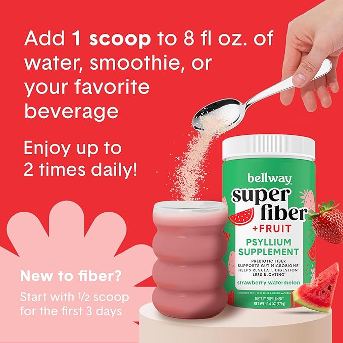 Bellway Super Fiber Powder + Fruit Sugar Free Organic Psyllium Husk Powder Fiber Supplement for Regularity Bloating Relief &amp Digestive Health Plant-Based Strawberry Watermelon (50 Servings)