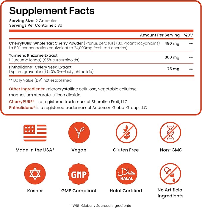 3 in 1 Uric Acid Flush Cleanse – Tart Cherry Extract with Turmeric &amp Celery Seed Supplement Purge - Feet and Joint Support - 60 Veggie Capsules