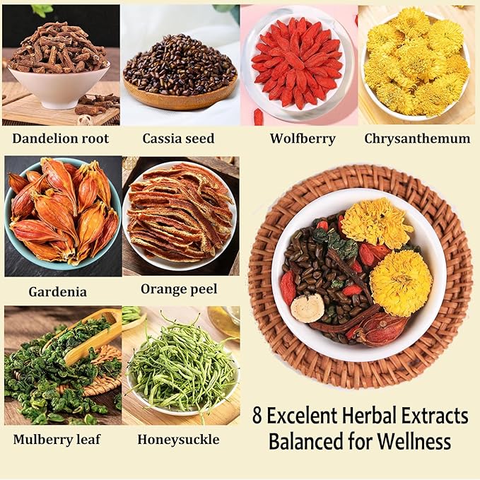 Dandelion Wolfberry Tea 8 Natural Herbal Ingredients Blend Dandelion Teabag Organic Natural Chinese Wolfberry Tea Bags Chrysanthemunn Cassia Seed (2 Bags 24 Pcs)