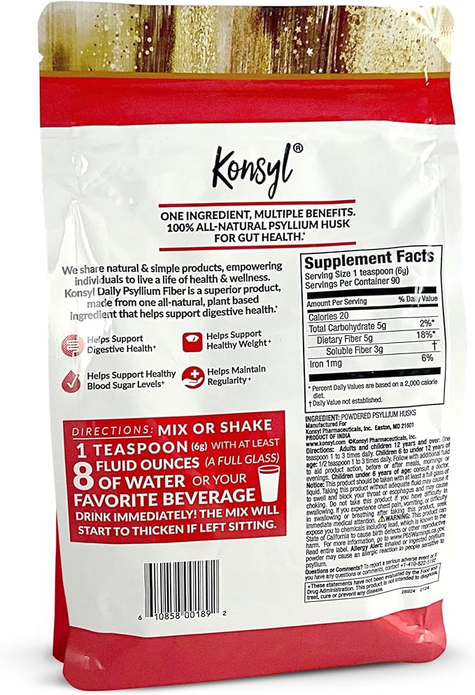 Konsyl Daily Psyllium Fiber Powder - 19oz 90 Servings Natural Unflavored Soluble Dietary Fiber Supplement - Psyllium Husk Prebiotic for Digestive Support and Gut Health - Sugar Free Keto &amp Vega