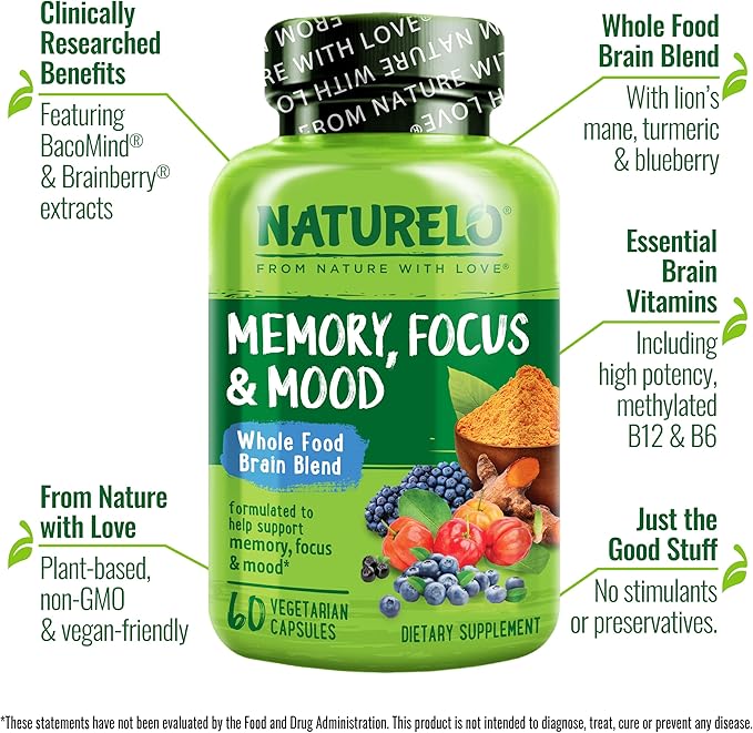 NATURELO Whole Food Brain Supplement - Brain Health Supplements for Memory &amp Focus Support - Enhance Brain Health Blend Supplement for Adults - 60 Vegetarian Capsules