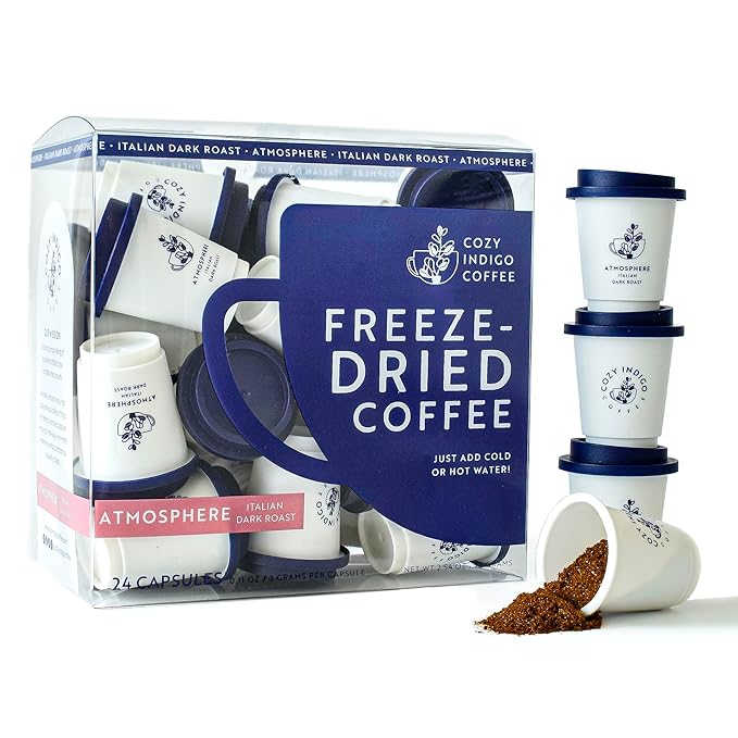 COZY INDIGO COFFEE - ATMOSPHERE Italian Dark Roast Instant Freeze Dried Specialty Coffee 24 Capsules 100% Arabica Beans Enjoy Cold or Hot Perfect for Travel and On The Go