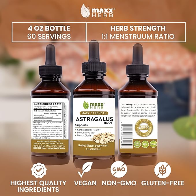Maxx Herb Astragalus Root Extract - Max Strength Liquid Tincture Absorbs Better Than Capsules or Powder for Immune Support and Mental Clarity - 4 Bottles 4 Oz Each (240 Servings)