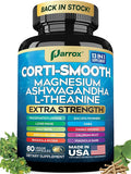Corti-Smooth Cortisol Supplement Magnesium L-Theanine Ashwagandha Phosphatidylserine Valerian Root Lions Mane Bacopa Monnieri Ginkgo Biloba Panax Ginseng Magnolia Bark GABA (60 Caps)