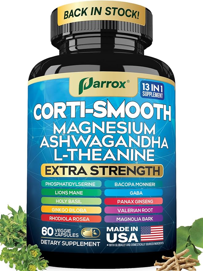 Corti-Smooth Cortisol Supplement Magnesium L-Theanine Ashwagandha Phosphatidylserine Valerian Root Lions Mane Bacopa Monnieri Ginkgo Biloba Panax Ginseng Magnolia Bark GABA (60 Caps)