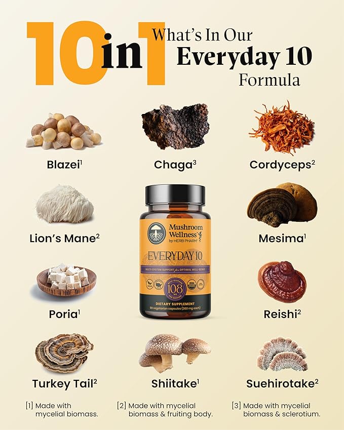 Mushroom Wellness Everyday 10: Organic 10-in-1 Mushroom Capsules with Lion's Mane Shiitake Reishi Turkey Tail &amp More Mushroom Powder Supplement Immune &amp Nervous System Support 90 Vegan C