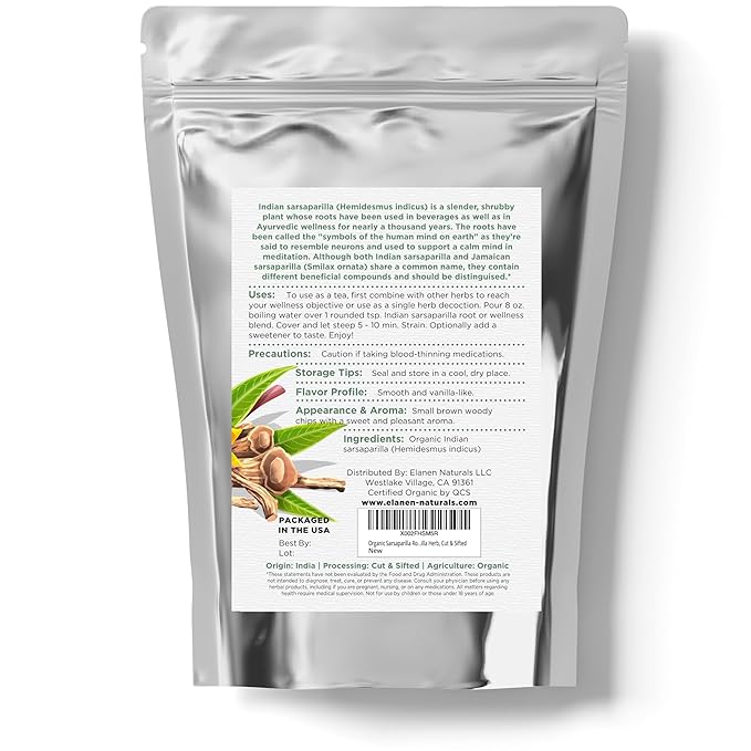 Elanen Naturals Organic Sarsaparilla Root 1 lb. (16 oz) USDA Certified Organic Indian Sarsaparilla Tea Hemidesmus Indicus Sasparilla Sarsparilla Zarzaparrilla Cut &amp Sifted