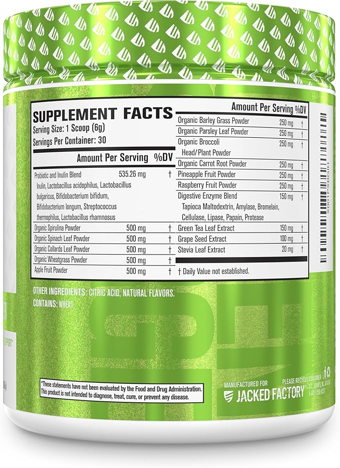 Jacked Factory Green Surge Green Superfood Powder - Keto Friendly Greens Drink w/Spirulina Wheat &amp Barley Grass Organic Greens - Green Tea Extract Probiotics &amp Digestive Enzymes - Mixed Ber