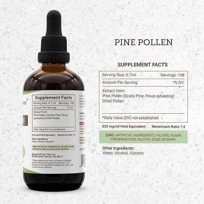 Secrets of the Tribe Pine Pollen Testosterone Alcohol Liquid Extract Wildcrafted Pine Pollen (Scots Pine Pinus sylvestris) Dried Pollen (4 FL OZ)