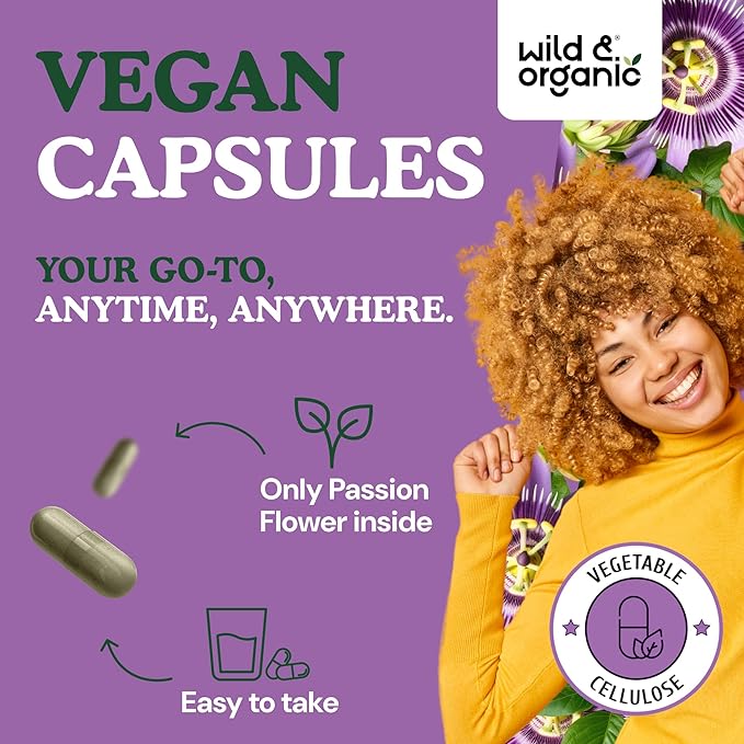 Wild &amp Organic Passion Flower Capsules 600 mg - Relaxation &amp Mood Support - Passionflower Extract Supplement - Passiflora Incarnata Herb - Vegan No Fillers Non-GMO - 60 Count