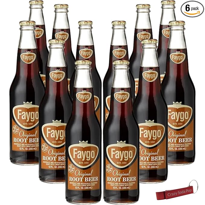 Faygo Root Beer | Delicious Root Beer with Real Cane Sugar | 12 oz Glass Bottles with Crazy Soda Pop Bottle Opener (12 Pack)