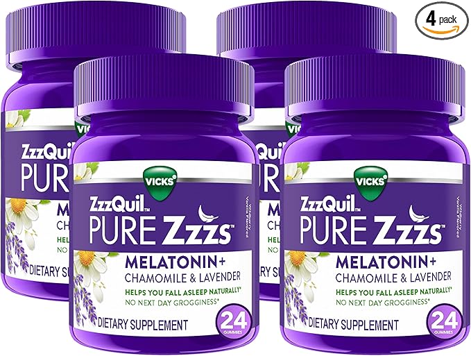 ZzzQuil Pure Zzzs Melatonin Sleep Aid Gummies with Lavender Valerian Root and Chamomile Natural Wildberry Vanilla Flavor Non-Habit Forming Drug-Free 24 Gummies (Pack of 4)