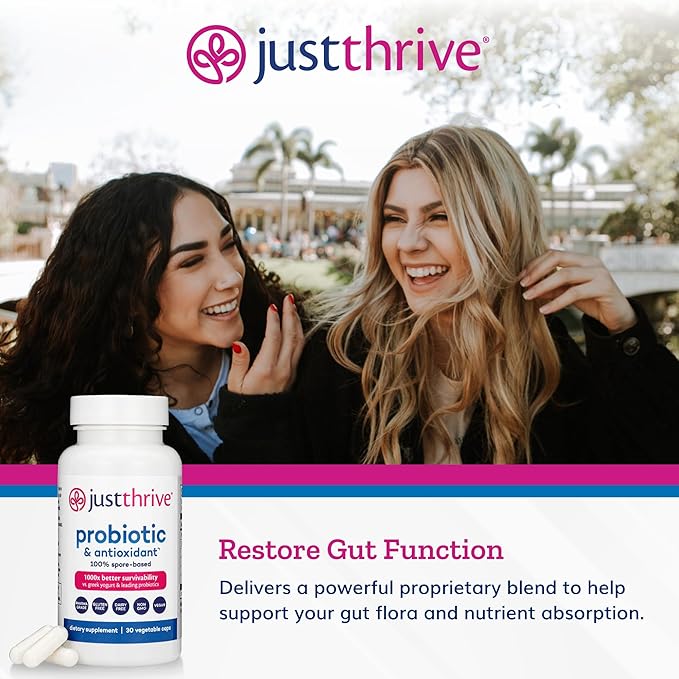 Just Thrive Probiotic &amp Antioxidant Supplement - 100% Spore-Based Digestive and Immune Support - Gluten Free 30 Caps