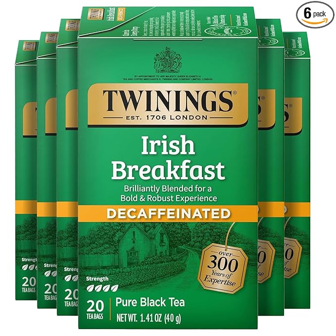 Twinings Decaffeinated Irish Breakfast Black Tea Individually Wrapped Bags 20 Count (Pack of 6) Flavourful Robust Enjoy Hot or Iced 120 Teabags