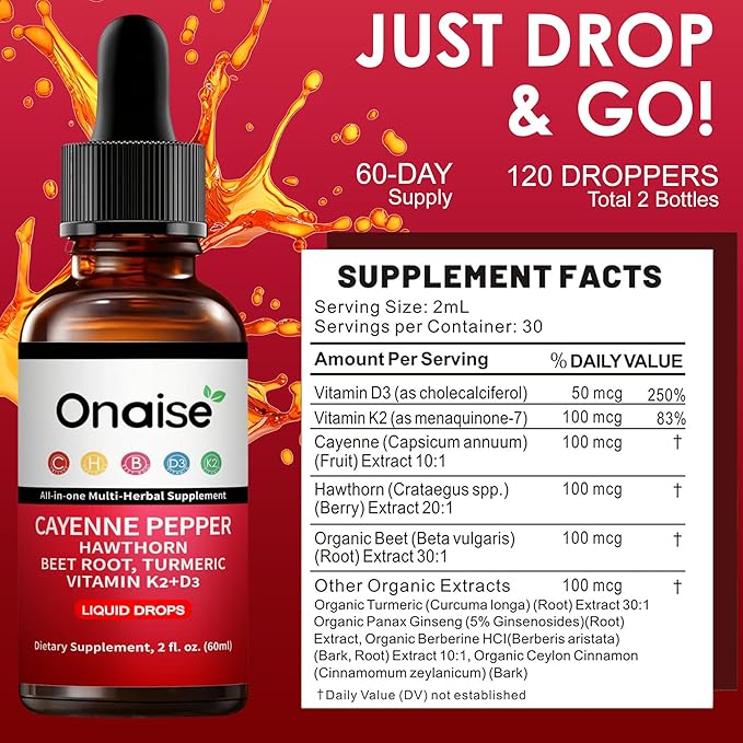 Cayenne Pepper Liquid Drops Liquid Supplement with Organic Hawthorn Beet Root Powder Turmeric Vitamins K2 &amp D3 Berberine Extract (1)