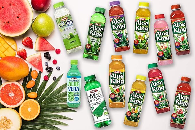 OKF Aloe Vera King Drink – Flavor includes Coco Original Grape Mango Pineapple Watermelon Pomegranate Gold Kiwi Peach Strawberry and Sugar Free Aloe Vera Juice (12 Flavors) (Pack of 12)