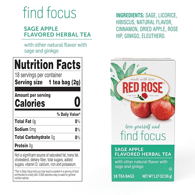 Red Rose Blossoms Sage Apple Blossom Herbal Tea with 18 Individually Wrapped Tea Bags Per Box (Pack of 6) Caffeine Free Brew Hot Naturally Flavored Herbal Tea