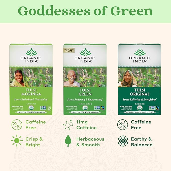 ORGANIC INDIA Tulsi Green Tea Bags - Holy Basil Tea African Basil Stress Relieving Immune Support USDA Certified Organic Premium Darjeeling Green Tea Caffeinated - 18 Infusion Bags 3 Pack