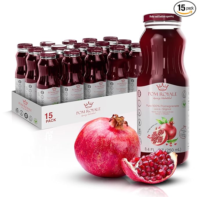 Pure Pomegranate Juice No Pulp 8.4 Ounce Glass Bottle (Pack of 15) Cold Pressed Juice Not from Concentrate Non-GMO No Sugar Added Gluten Free Kosher Certified Preservative Free