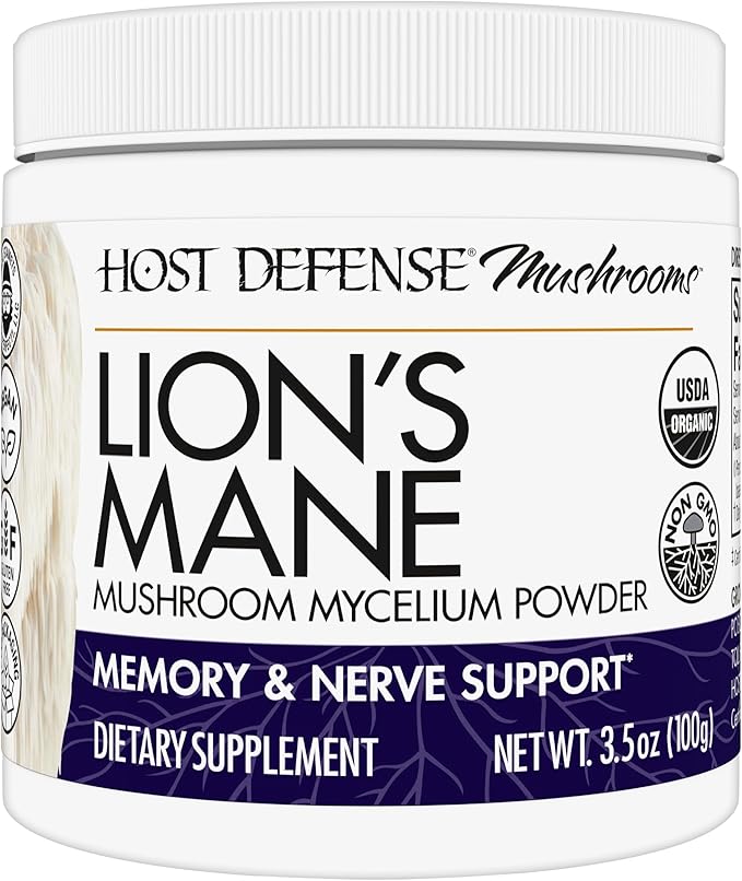 Host Defense Lion's Mane Powder - Brain Health Support Supplement - Mushroom Supplement to Support Focus &amp Memory Function - Immune &amp Nervous System Support Supplement - 3.5 oz (66 Servings)*