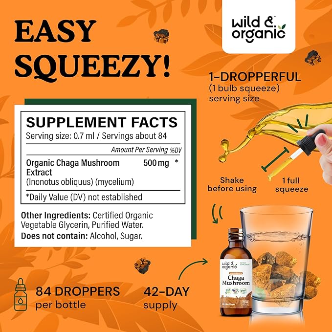 Wild &amp Organic Chaga Mushroom Tincture - Immune Support with Chaga Mushroom Extract Liquid - Immunity Drops Supplement - Vegan Sugar &amp Alcohol-Free - 2 fl oz