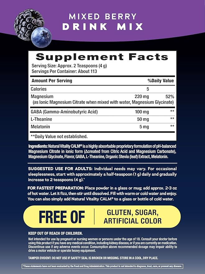 Natural Vitality Calm Sleep Melatonin and Magnesium 16oz Powder | With L-Theanine and GABA | Mixed Berry Flavred Drink Mix | Non-GMO &amp Vegan Supplement