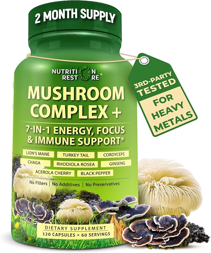 Organic Mushroom Complex: Lion's Mane Turkey Tail Cordyceps Chaga Contains Naturally Occurring Beta Glucans - Organic Energy &amp Immune Support Blend: Rhodiola Rosea Ginseng &amp Acerola Cherr