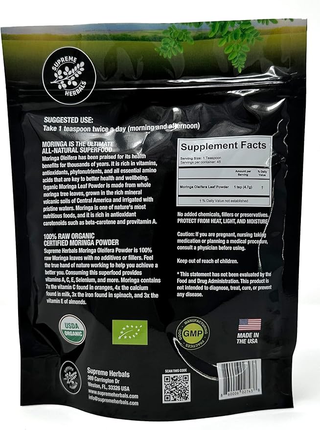 100% Raw and Pure Moringa Leaf Powder. Organic Certified Moringa Leaf. Natural Superfood with Essential Amino Acids Antioxidants and Omega 3 8 oz Resealable Bag.