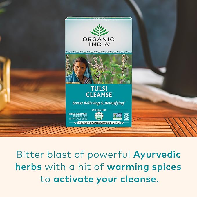 Organic India Tulsi Cleanse Detox Tea - Holy Basil Ginger Turmeric Herbal Tea Stress Relieving &amp Cleansing Immune Support Adaptogen Organic Non-GMO Caffeine-Free - 18 Infusion Bags 6 Pac