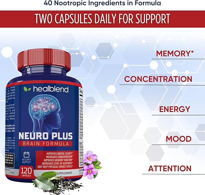 Neuro Plus Brain &amp Focus Formula - Nootropic Brain Booster Supplement Supports Brain Health Mental Clarity &amp Focus - Enhances Concentration &amp Mental Energy – 120 Capsules (1)